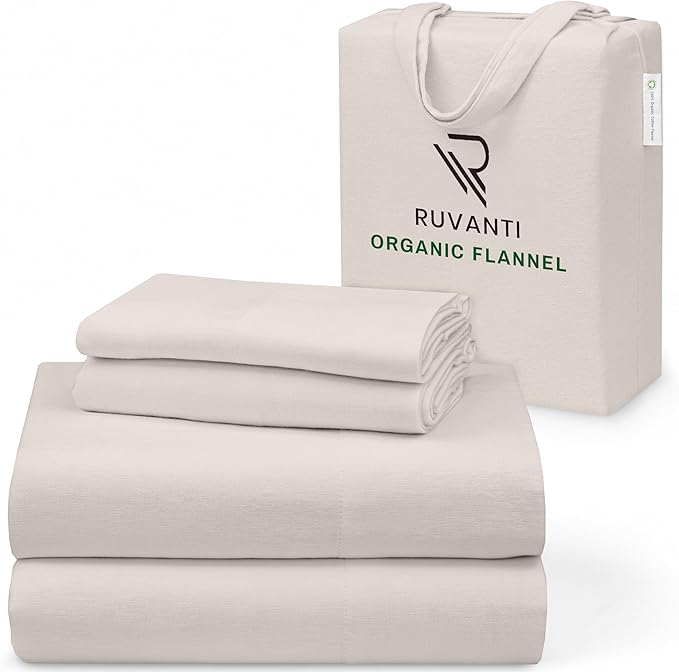 RUVANTI Flannel Sheets Full Size - GOTS Certified 100% Organic Cotton, 4 Piece Warm, Soft & Breathable Set, Deep Pocket Snug Fit, Double Brushed Cozy All Season Bedding, Natural