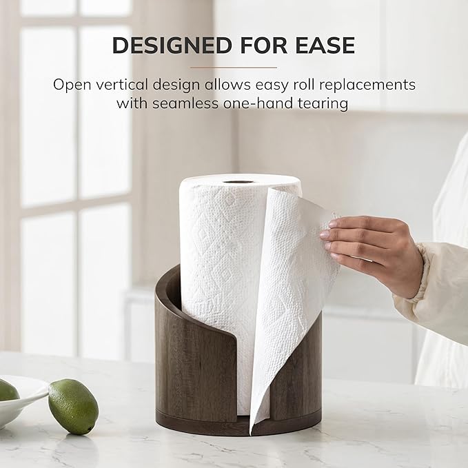 Anji Mountain Wooden Paper Towel Holder Countertop with Mango Wood Round Base and Iron Holder, Holder Stand for Kitchen Roll Organizer & Kitchen Dining Table Home Decor - Chocolate/Black, Classic