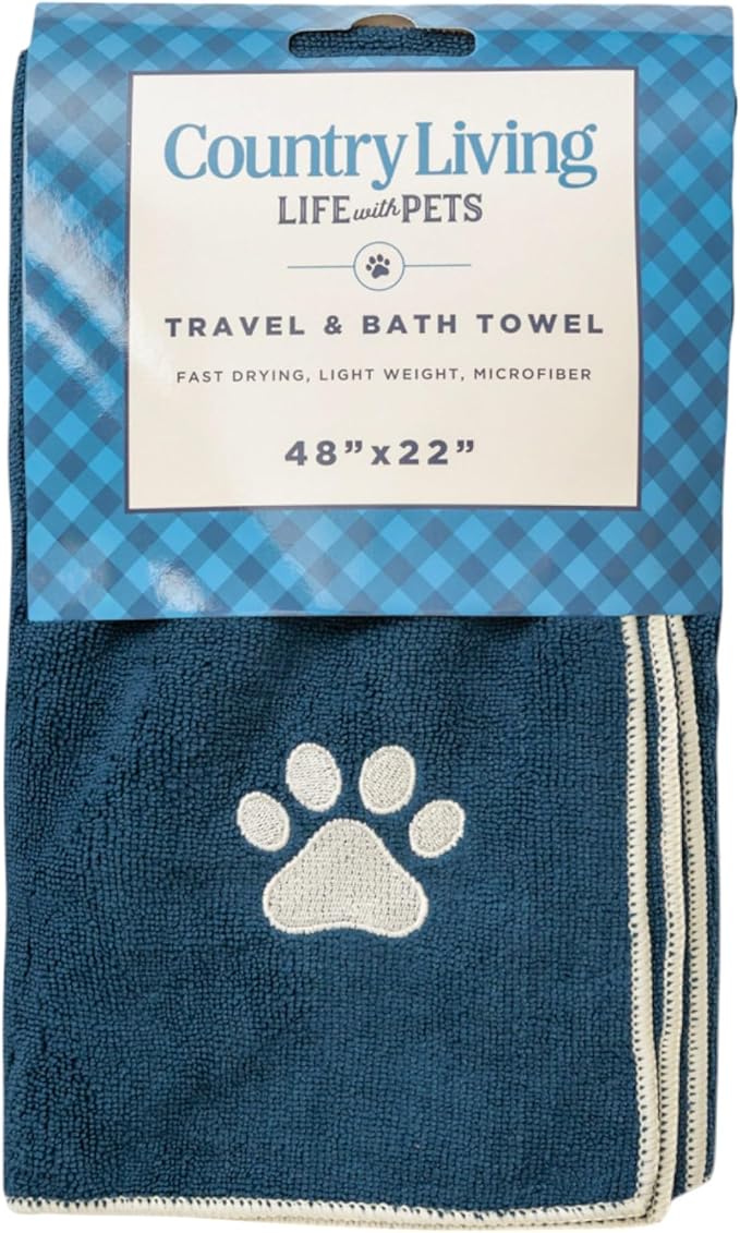 Country Living Large Marine Blue Microfiber Dog Bath Towel - Quick-Drying, Absorbent, Durable, and Machine Washable, Embroidered Paw Print, 48" x 22" for All Dog Sizes
