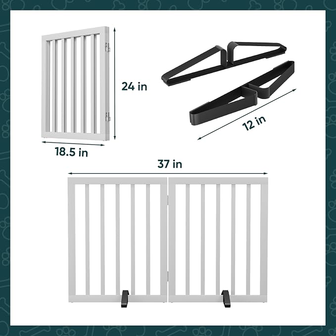 Semiocthome Bamboo Dog Gates Indoor 2-Panel Freestanding Puppy Gates for The House with 2 Metal Stands 24" H Folding Wood Pet Gate for Stairs Doorway, Fully Assembled Safety Fence - White