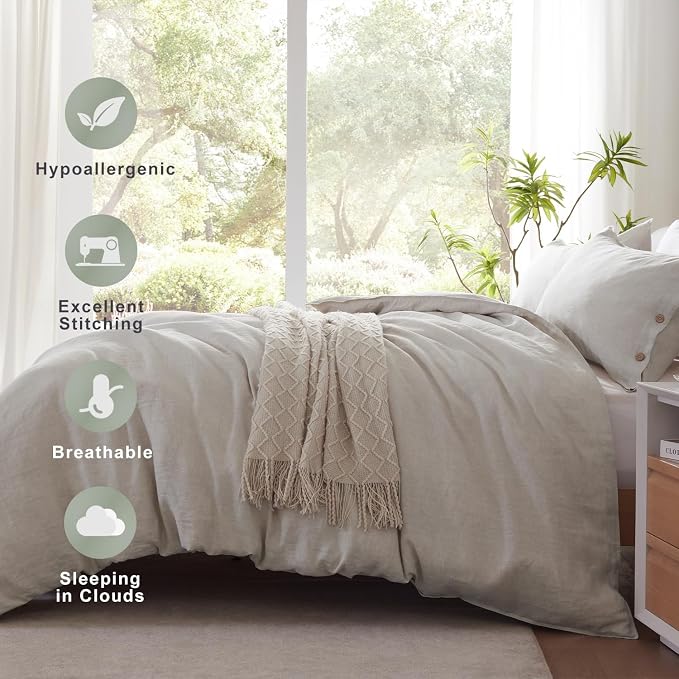 TOSMO 100% Linen Duvet Cover Set with Button Closure, 2 Pieces (1 Duvet Cover with 1 Pillowcase), Soft Breathable Durable Farmhouse Bedding - Twin, Natural Linen