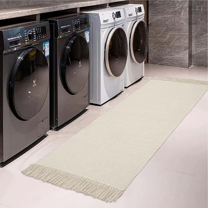 Collive 2x6 Runners for Hallway, Woven Reversible Washable Entryway Runner Rug, White/Beige Cotton Modern Farmhouse Laundry Room Carpet for Bathroom Sink Foyer Bedroom