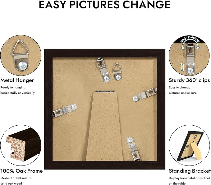 Hongkee 5x5 Oak Wood Picture Frame 1 Pack(Matted 4x4) with Real Glass Cover | Black, 5 x 5 Solid Wood Frame for Wall or Tabletop Display - Includes Easel Back, Vertical Hang - Ideal for Home, Office