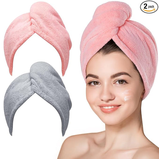 Hicober Microfiber Hair Towel, 2Packs Hair Turbans for Wet Hair, Drying Hair Wrap Towels for Curly Hair Women Anti Frizz(Pink,Grey)