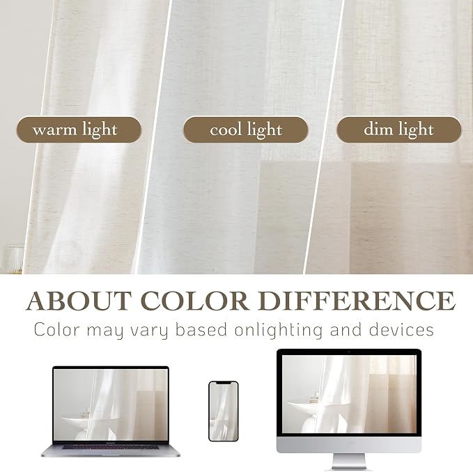 RYB HOME Sheer Curtains 84 inches Long Linen Blend Light & Airy Vertical Translucent Panels for Bedroom Living Room Office, Rod Pocket & Back Tab, W52 x L84, Ivory, 2 Panels