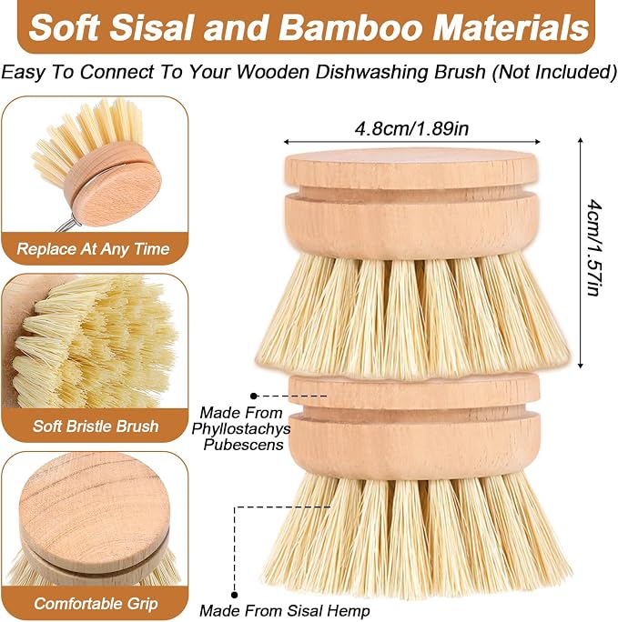 12 Pcs Bamboo Dish Brush Replacement Heads, Natural Sisal Bristle Refills, Eco Friendly Compostable Scrubber Heads for Cleaning Kitchen Utensils