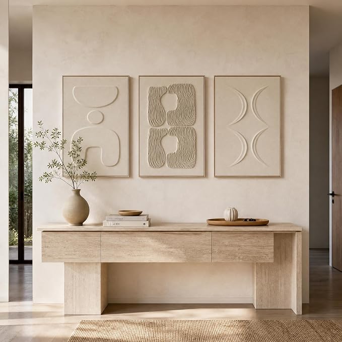 Thalasse Large 3-Piece 3D Textured Wall Art, Wabi Sabi Sandstone Relief Panels with Solid Wood Frame, 24x36 Inch Minimalist Wall Decor for Living Room, Hallway and Entryway