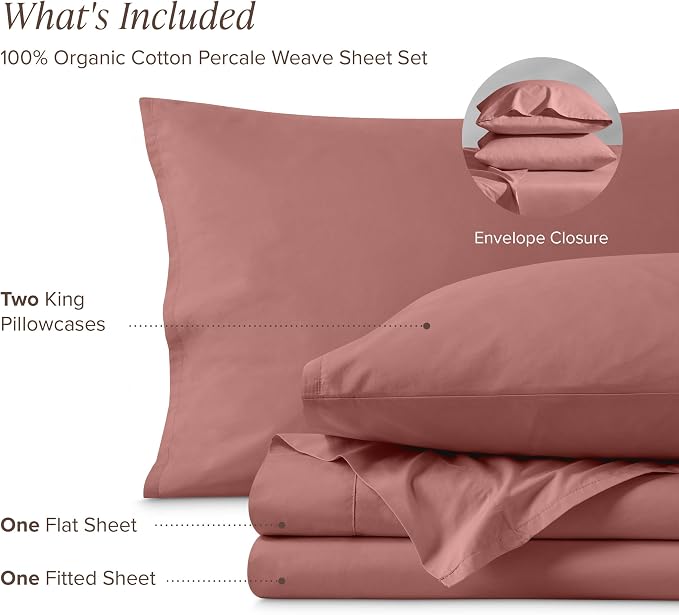 Bare Home 100% Organic Cotton California King Sheet Set - Crisp Percale Weave - Lightweight & Breathable - Bedding Sheets & Pillowcases (California King, Dusty Rose)