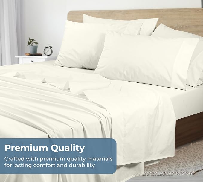 ROYALE LINENS 100% Organic Cotton King Sheet Set - Percale Weave - 4 Pieces Set - 1 Flat, 1 Deep Pocket Fitted Sheet and 2 Pillowcases - Ivory Bed Sheets - Sábanas King - Crisp Cool (Ivory)