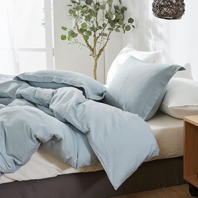 Simple&Opulence French Linen Duvet Cover Set 78" x 86"- 3 Pieces (1 Comforter Cover,2 Pillowcases)- Natural Flax Cotton Blend-Solid Color Breathable Farmhouse Bedding-Dusty Blue, Full