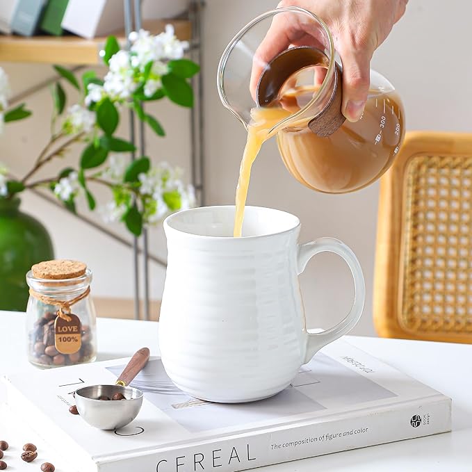 23 oz Large Ceramic Coffee Mugs, Handmade Cup with Large Handle, Big Tea and Coffee Cups for Office and Home, Microwave and Dishwasher Safe (White)