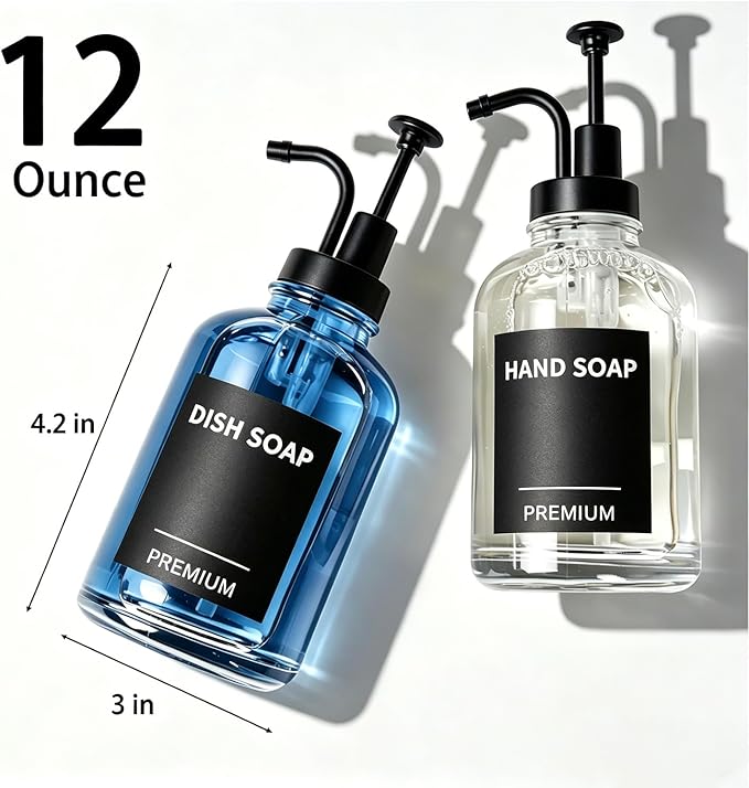 12oz Dish Soap Dispenser for Kitchen, Hand Glass Soap Dispenser Set with Pump, Tray, Funnel for Bathroom, Shower, Laundry, Liquid, Lotion (Black 2 Pack Clear Bottles with 12 Stickers)