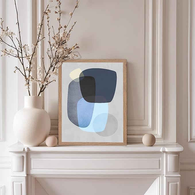 Monem Art Abstract Blue Shapes Print - Scandinavian Minimalist Art Poster - Wall Decor for Living Room, Bedroom or Office - 12x16 Beige Framed Wall Art by Mareike Bohmer