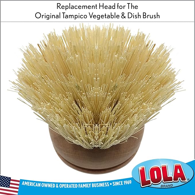 LOLA Replacement Head for the Original Tampico Vegetable & Dish Brush, 3 Pack, Birch Hardwood & Tampico Bristles, Reusable & Washable