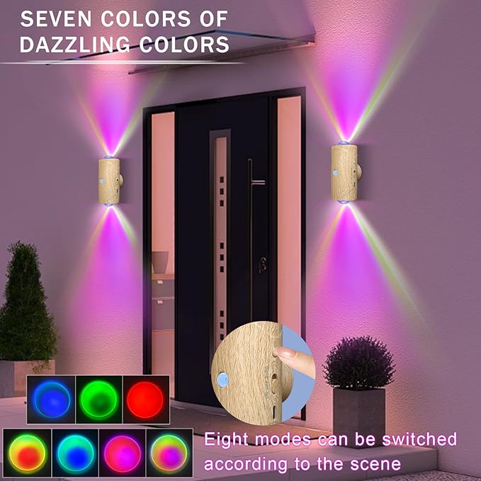 LED Wireless Wall Sconce with 7 Colors Changing, Motion Sensor Light Indoor, 1500mAh Rechargeable Battery Operated Wall Sconces for Bedroom Bedside Hallway Courtyard Doorway (Wood-Colored)