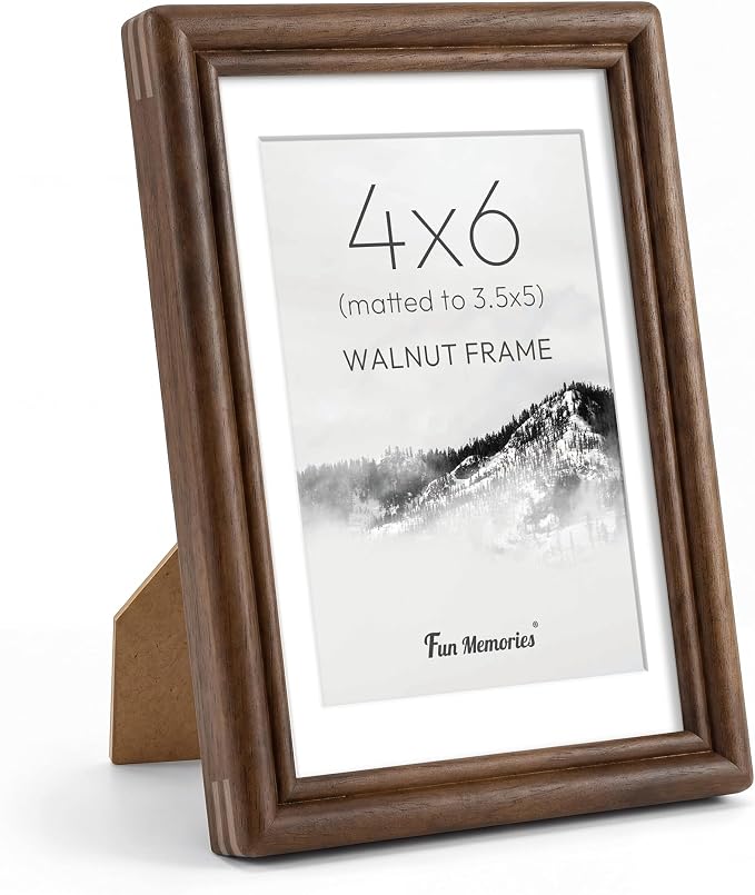 4x6 Picture Frame with Mat for 3.5x5, USA-Sourced Natural Walnut Wood Handcrafted Rounded Corner with HD Tempered Glass, 4 x 6 Photo Frames Gallery Wall & Tabletop, Vertical or Horizontal Display