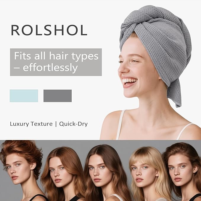 ROLSHOL 2 Pack Microfiber Hair Towel Wrap for Women, 32" x 11" Waffle Weave Hair Plopping Towel for Curly, Long & Thick Hair, Anti-Frizz Hair Turbans for Wet Hair (Gray,Cyan Blue)