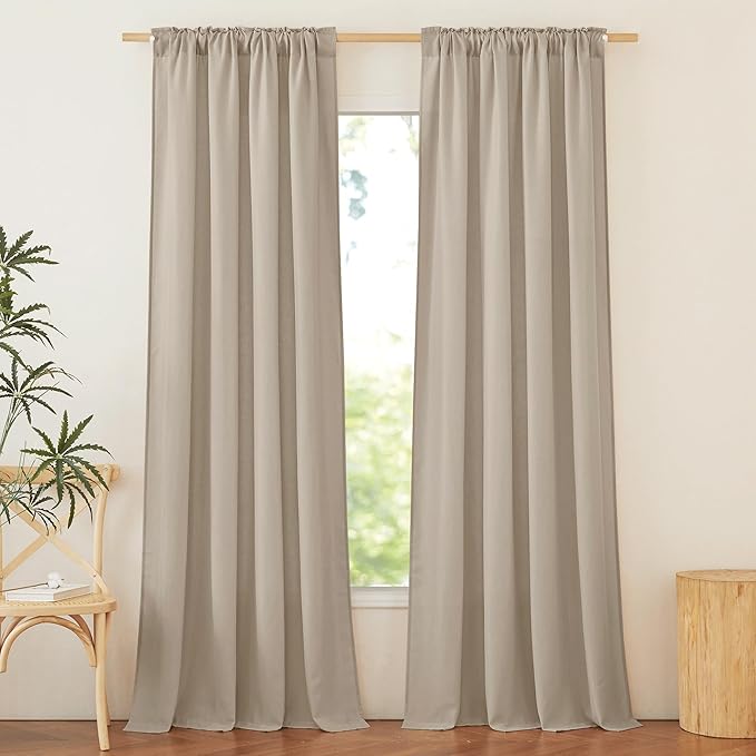 NICETOWN Thick Linen Camel Curtains 95 inches Long, Rod Pocket & Back Tab Flax Linen Weave with Light Filtering Window Treatments Privacy Assured for Living Room, W55 x L95, 2 Panels
