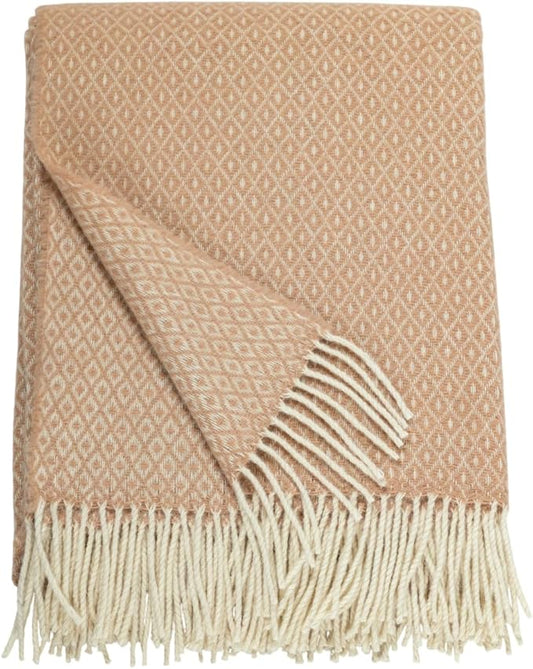 GreaterGood Ukrainian 100% Wool Throw Blanket – Handmade Elegant Cozy Fringed Wool Blanket for Couch, Bed, Sofa & Home Decor, Durable Plaid Herringbone Weave, Fair Trade Artisan Made (Sand, Diamond)