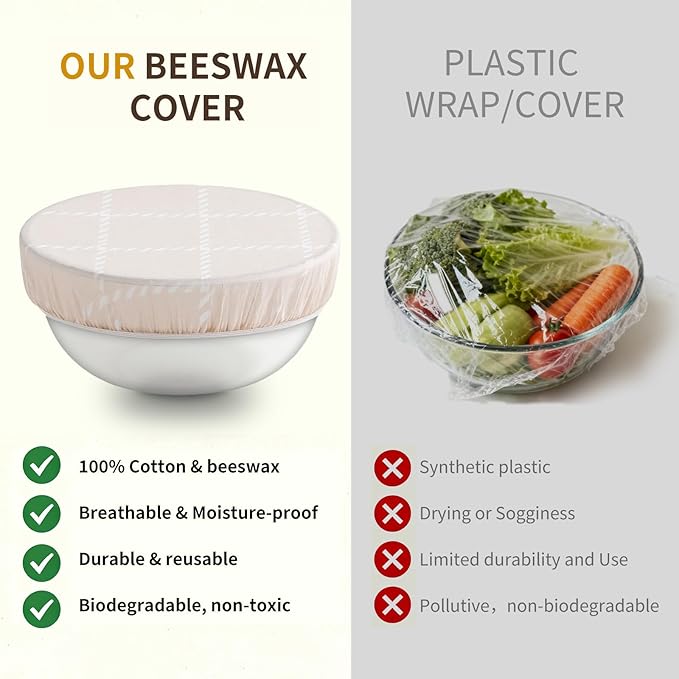 Reusable Beeswax Large Bowl Covers (2pc 12 Inch) – 100% Organic Cotton Elastic Food Covers for Sourdough Bread Proofing, Shower Caps for Dough Baskets, Beeswax Wraps, Bowl Covers, Bread Proofing Cover