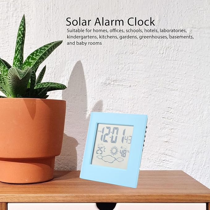 Solar Powered Dual Energy Alarm Clock with Weather Forecast and Temperature Humidity Display for Home Office (Blue)