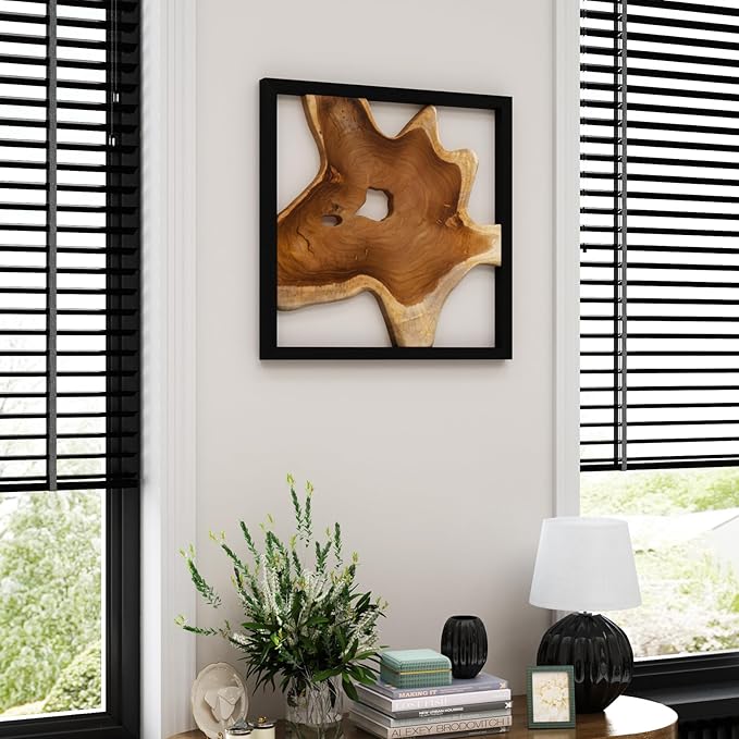 JOLLYMER 2 Pack Live Edge Teak Wood Wall Decor, Rustic Wooden Wall Art, Handcrafted Home Decoration for Living Room Bedroom Office, 17"x17" Black Frame