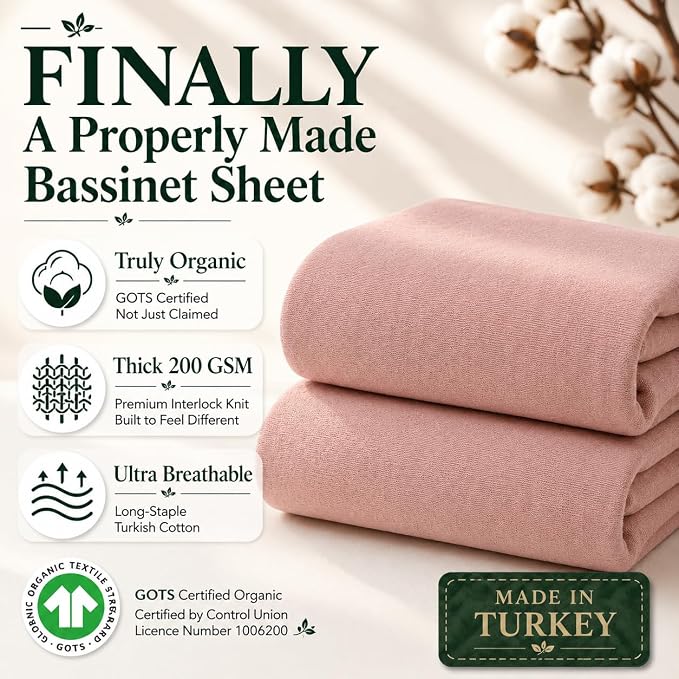 GOTS Organic Bassinet Sheets Compatible with Halo BassiNest Swivel Sleeper, 4moms mamaRoo Sleep Bassinet, Pure Ultra Soft Turkish Organic Cotton