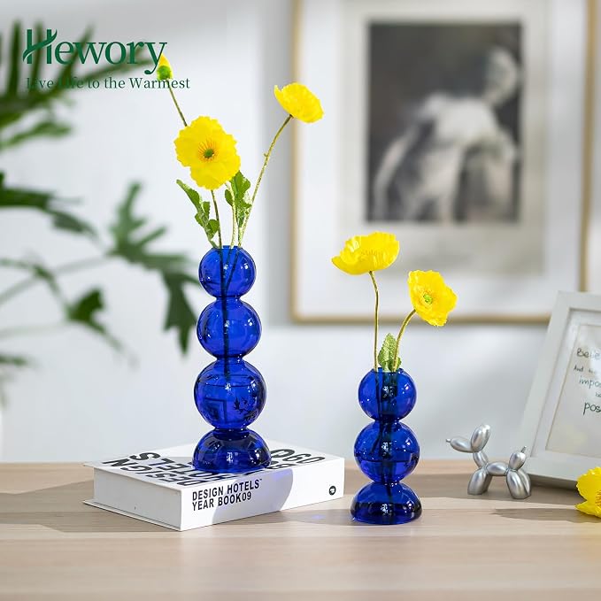Glass Bubble Vases for Flowers, Hewory 2pcs Blue Unique Cute Single Flower Vase for Centerpieces, Funky Aesthetic Vase Skinny Bud Vase, Cool Groovy Decor for Home Living Room Bedroom Office Tabletop