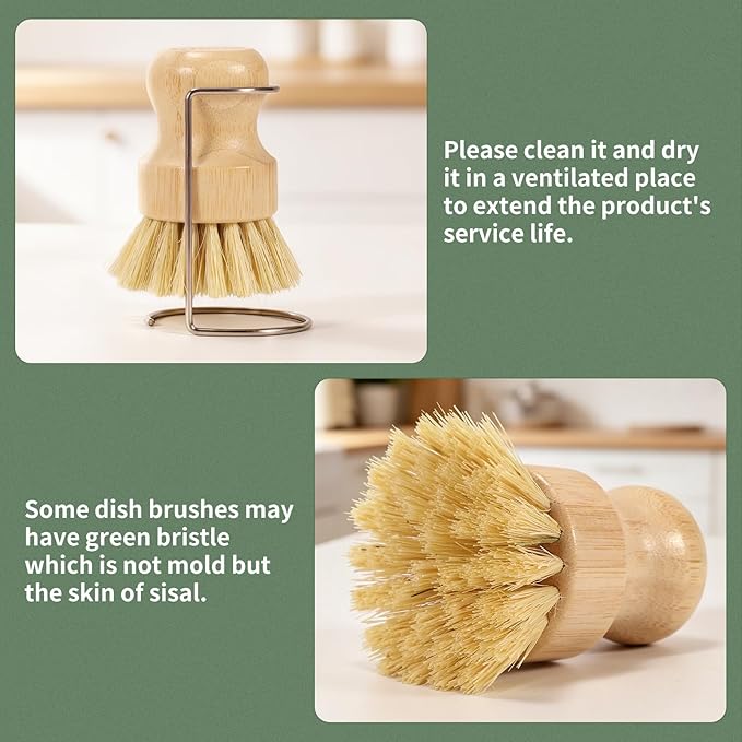 2 Pack Bamboo Dish Brush with Drain Holder - Natural Scrub Brush for Dish with Sisal Bristle, Wooden Dish Scrubber for Kitchen Cleaning Dishes, Pots, Pans and Vegetables