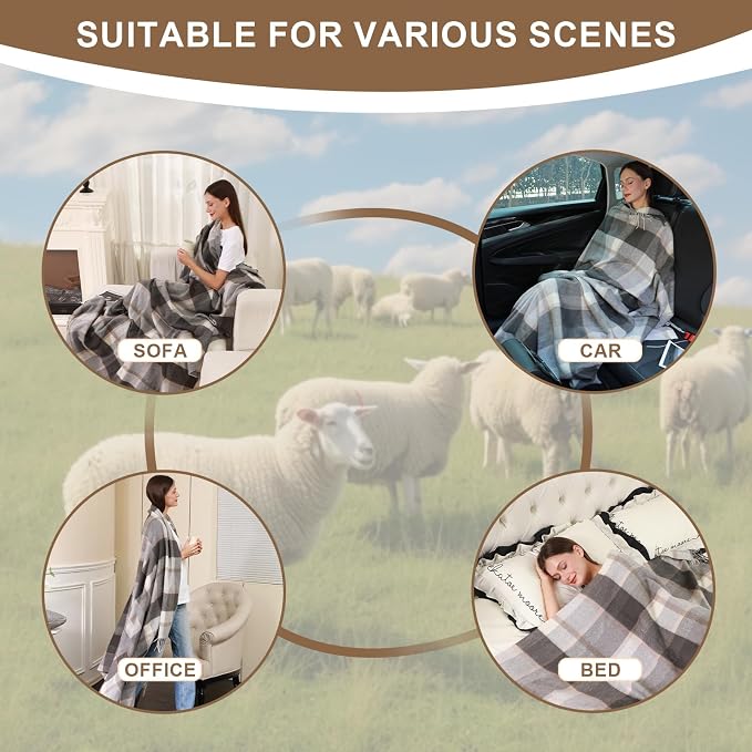 100% Wool Blanket Throw,Gray Plaid Wool Blanket with Compact Bag,Rustic Soft Lightweight Blanket for Couch,Sofa,Bed & Lounging Decoration, Warm Travel Blanket for Home, Airplane,Ideal Gifts 55"x83"