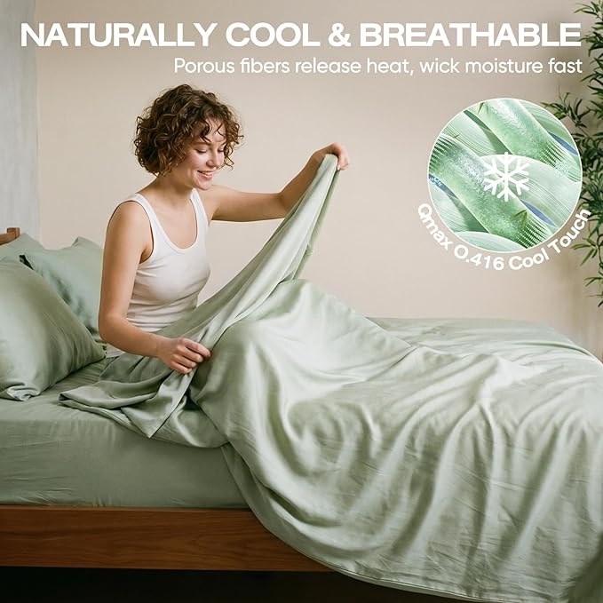 Real 100% Viscose Derived from Bamboo Sheets Set Queen Size, Cooling & Silky Soft for Hot Sleeper, Luxury with Breathable & Moisture Wicking Fabric, 18" Deep Pocket with Corner Straps (Sea Glass, Q)