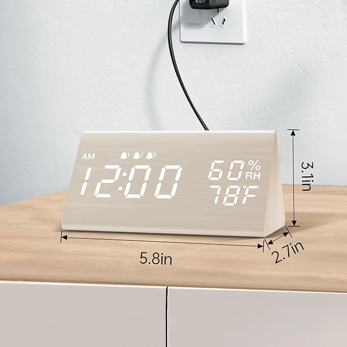 JALL Wooden Digital Alarm Clock for Bedroom, 3 Alarms with Large Numbers, Humidity and Temperature Display, 6-Level Dimmer, Snooze, Loud Desk Clock for Heavy Sleepers, Plug in (White)