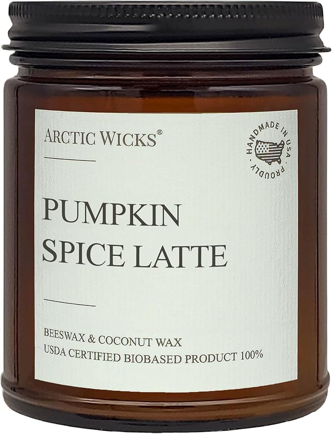 Arctic Wicks Scented Coconut Beeswax Candles | Coconut Beeswax Non Toxic Candle 9oz Amber | Farmhouse Candles Non-Toxic Clean Burn 100% USDA Certified Biobased (Pumpkin Spice Latte)