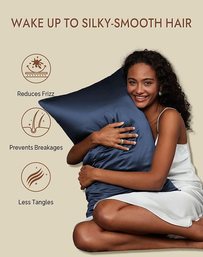 SilkSilky 100% Mulberry Silk Pillowcase - Pure 22 Momme High-Grade 6A Fibers for Hair & Skin, Hidden Zipper, Natural, Organic, Breathable & Cooling Pillow Case (Queen 20''x30'', DarkBlue)