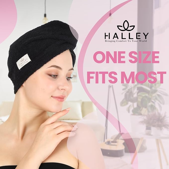 HALLEY Cotton Hair Towel Wrap (3 Packs) Super Absorbent Fast Drying Turbans for Thick, Wet Hair with Button (Black, Grey, Pink)
