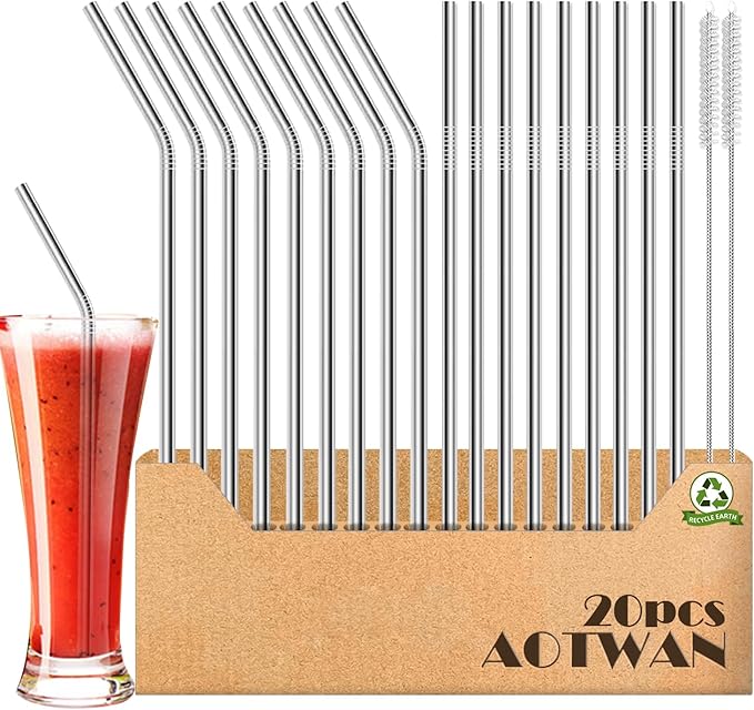 AOTWAN 20-Pack Reusable Stainless Steel Metal Straws, 9 Straight + 9 Bent 8.5'' Metal Straws for 20 oz Tumblers Dishwasher Safe with 2 Cleaning Brushes
