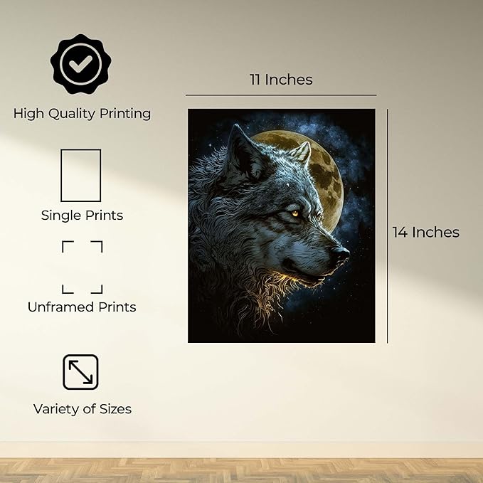 InkFlow Posters Wolf Poster - Majestic Wolf Under Full Moon - Nighttime Wildlife Art for Living Room, Bedroom, Home - Mystical Forest Graphic Print - 11x14 Unframed Canvas Print