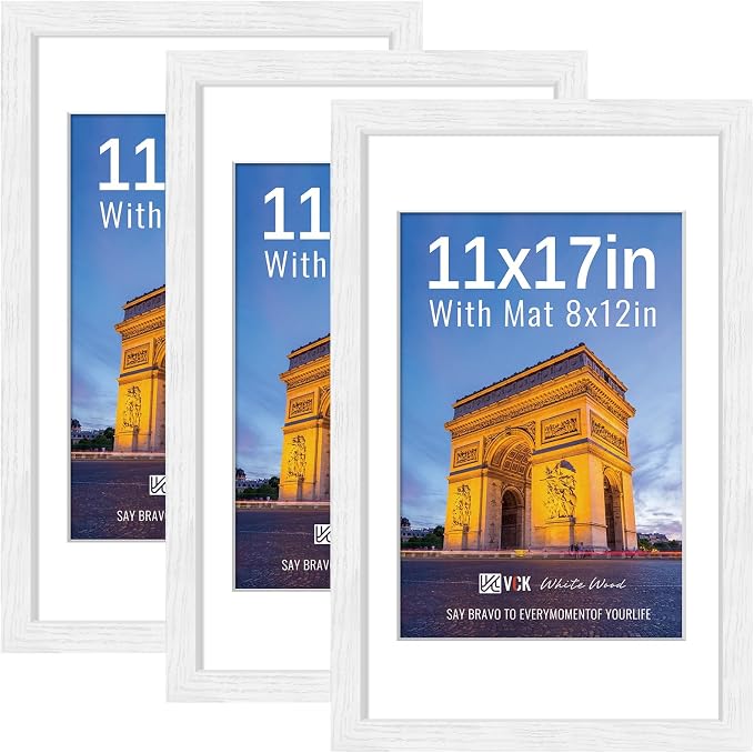 VCK 11x17 Picture Frames White 3 Pack, Wide Border Wood, Tempered Glass, Display 8x12 Photo with Mat or 11 x 17 without, for Home, Office, Gallery, Woodgrain Series, Wall Hanging