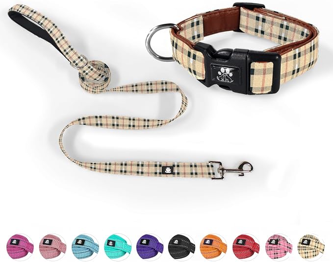 NESTROAD Dog Collar and Leash Set,Soft Neoprene Pet Collar with Quick Release Buckle,Adjustable Nylon Dog Collars for Small Medium Large Dogs(Large,Cherecked Beige)