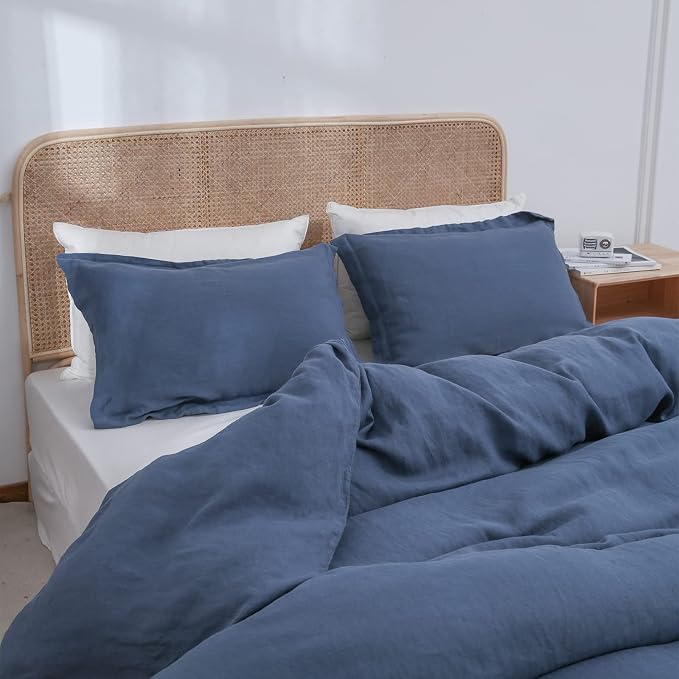 Simple&Opulence 100% Linen Duvet Cover Set 3pcs Basic Style Natural French Washed Flax Solid Color Soft Breathable Farmhouse Bedding with Button Closure - Classic Blue, Queen
