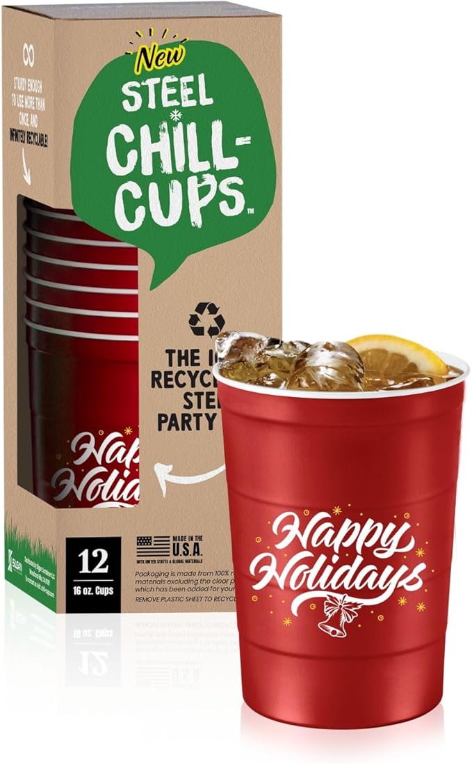 Steel Chill Cups 16 oz. Party Cups 'Happy Holidays' Christmas Tree Design for Cold Drinks, Durable, Disposable, Recyclable, Made in USA, Red, 12 Count