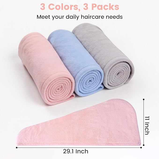 3 Pack Microfiber Hair Towel Wrap for Women, Large Fast Drying Hair Turban, Ultra Soft Thick Anti-Frizz, Double Stitched Edges & Stay in Place No Slip Design for Curly Long Wet Hair(Pink/Grey/Blue)