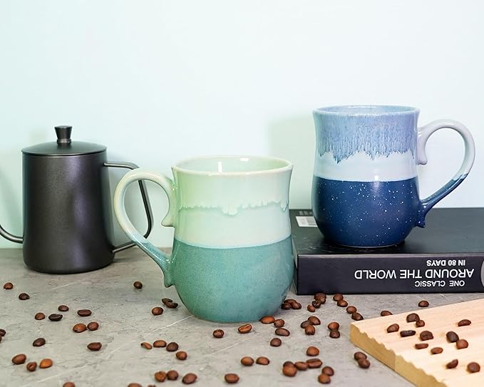 Large Ceramic Coffee mugs, 20 oz Big Tea Cups Handmade Pottery Mug, Large Handle Coffee Mug for Office and Home, Microwave and Diahwasher Safe. (Light&Deep Green)