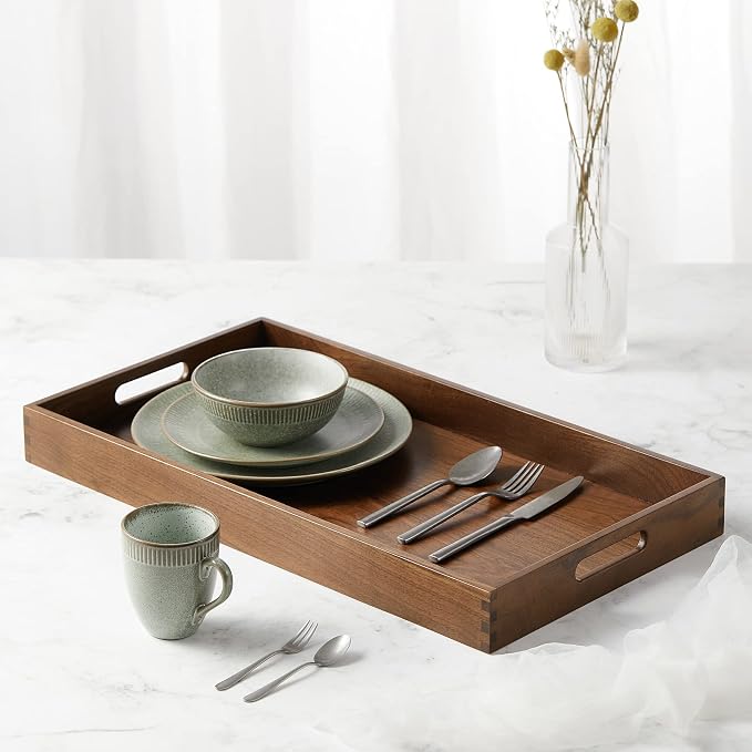 24"x13" XL Wooden Ottoman Tray with Handle FSC Natural Handmade Black Walnut Serving Tray Vintage Decorative Platters for Oversized Ottoman Kitchen