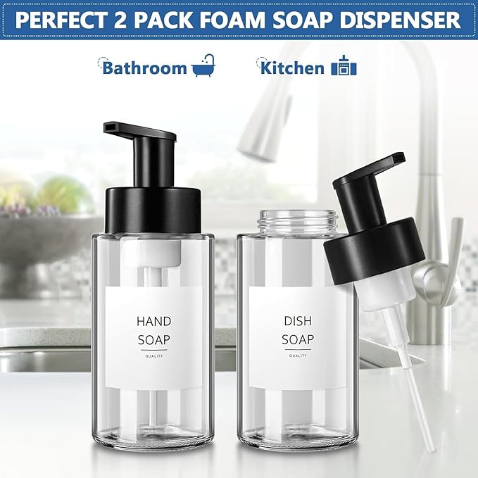 RYTOXILO Foaming Soap Dispenser, 10 oz/300ml Foaming Hand Soap Dispenser, 2 Pack Glass Foaming Soap Dispenser for Bathroom Kitchen, Clear Refillable Foam Soap Dispenser Bottle with Waterproof Labels