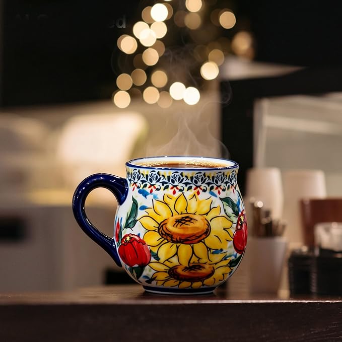 ALMA 12oz Handpainted Sunflower Ceramic Coffee Mug | Microwave & Dishwasher Safe, For Breakfast Nook, Dining Table, Home Office & Display, Ideal for Homemakers & Mom