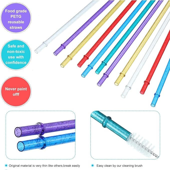72 Pcs 11 inch Reusable Plastic Straws Colorful Drinking Straws, Glitter Drinking Straw for 40/30/24 oz Jar and Tumbler, with Cleaning Brush (Gold, Dark Blue, Purple, Red, White, Green)