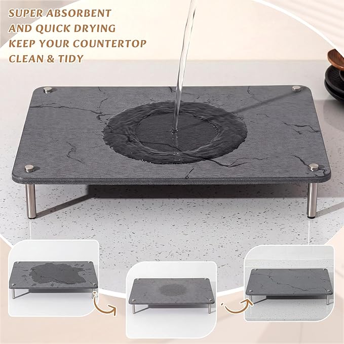3 Pcs Nesting Stone Drying Mat for Kitchen Counter, Diatomaceous Dish Stone Drying Mats Quick for Kitchen Counter, Non Slip Feet, Heat Resistant, Nesting Stackable Design(Marble,Grey)