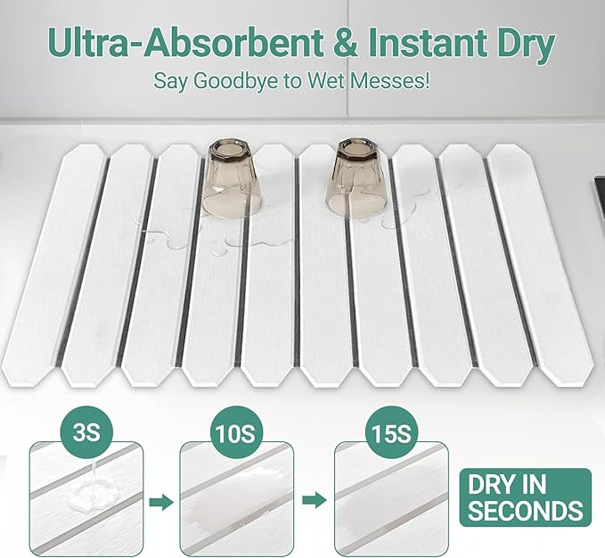 Large Stone Dish Drying Mats for Kitchen Counter, 23" L×15" W, Super Absorbent Fast Drying, Collapsible Diatomaceous Earth Dish Drying Mat - Trapezoidal, White