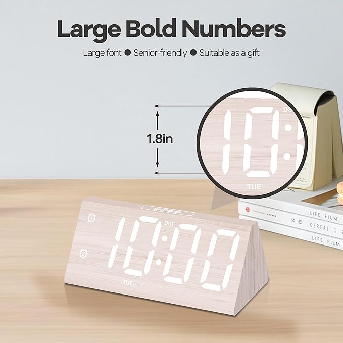 JALL All Digital Alarm Clock, with Wooden Electronic LED Time Display, 3 Alarm Settings, Humidity & Temperature Detect, Wood Made Electric Clocks for Bedroom, Bedside, Desk (White-Big Bold)